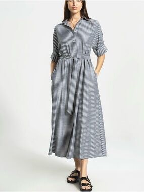 Max Studio Pin Stripe Button Down Shirt Dress Tie Waist Gray White SZ XL  NWT